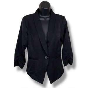 Y2K Era Black Brushed Satin Blazer Jacket Ruched 3/4 Sleeve Lace Accent Goth
